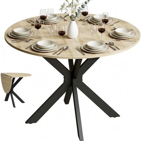 Table de Cuisine Pliable Ronde 2-6 Personnes Avec Ailes Abattables Structure Acier Doublée Ø110x76 cm Naturel (1/5)