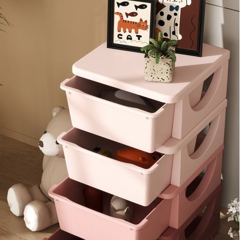 Armoire de rangement pour enfants à 4 tiroirs en plastique rose, 37 x 37 x 76 cm, OKWISH (1/5)