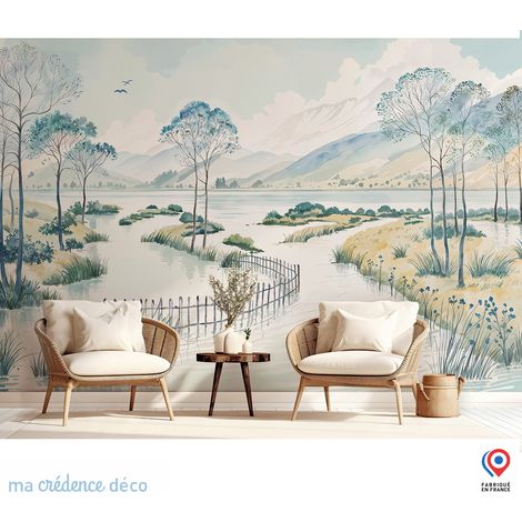 Papier peint : Lac, arbres et montagnes, Aquarelle - Intissé - 200 cm - 280 cm (1/5)