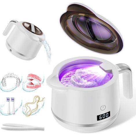 Pulitore a ultrasuoni per fissativi (bianco porcellana) - 45 kHz - 200 ml - 5 modelli - Timer digitale - Design migliorato della bottiglia d'acqua - Pulitore per paradenti - 200 ml (1/5)