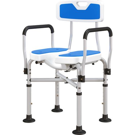 Chaise de douche bleue réglable antidérapante avec dossier et accoudoirs, capacité 136 kg