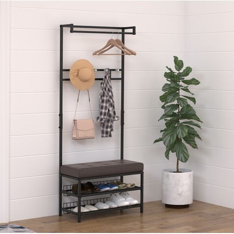 Perchero con banco y zapatero, metal negro, 72,5 x 35 x 180 cm (1/5)