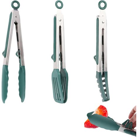 Set of 3 Locking Silicone Kitchen Tongs, 27 cm Stainless Steel Heat Resistant Meat Tongs, Grill Tongs with Non-Slip Silicone Handle for Grilling Barbecue Buffet (1/5)