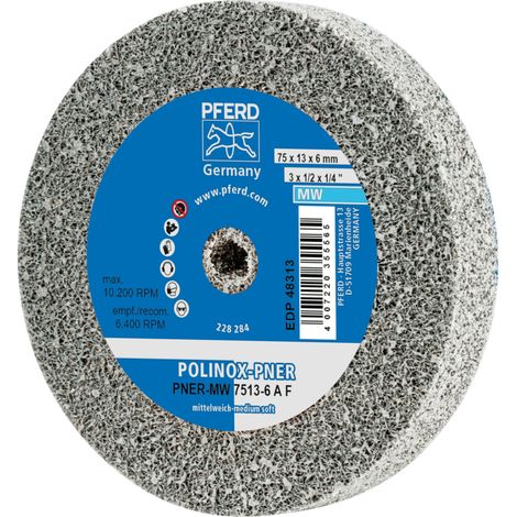 PFERD TOOLS POLINOX verpresstes Vlies-Rad PNER Ø 75x13 mm Bohrung-Ø 6 mm Mittelweich A Fein für Finish 5 Stk (1/4)
