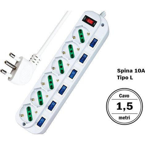 Multipresa Ciabatta Elettrica Con 6 Posti Prese Schuko 10/16A + 7 Interruttori Spina 10A Piccola Tipo L Cavo Da 1,5 Metri