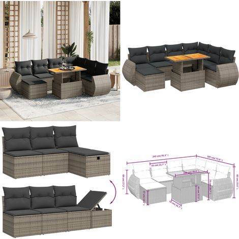 8-tlg. Garten-Sofagarnitur mit Kissen Grau Poly Rattan - Gartenmöbel - Gartensorte - Outdoor Möbel - Lounge Set - Rattan Gartenmöbel - Home & Living (1/5)