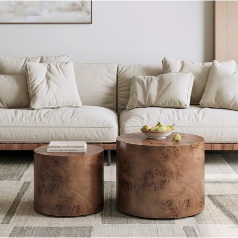 Set di 2 tavolini rotondi impilabili, 48x38 cm e 38x32 cm, per soggiorno, in legno e MDF marrone scuro. (1/5)