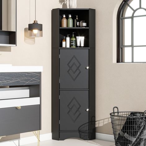 Meuble d'angle salle de bain 36,5 x 36,5 x 155 cm en panneaux de bois noir, gain de place FloraGrace (1/5)