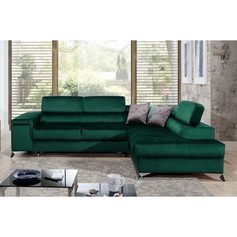 Canapé d'angle convertible - ERWAN - en tissu luxe 5 places, vert, angle droit (vu de face) (1/5)