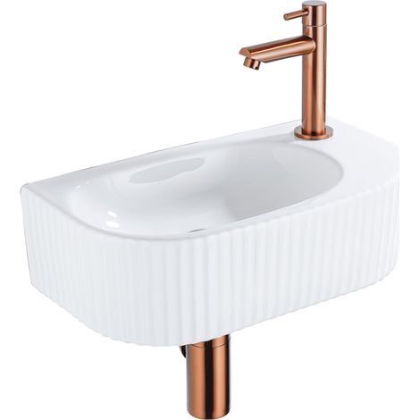 QeramiQ Blend Ensemble de lavabo - 40x21.5x12cm - droite - nervuré - demi-rond - 1 trou de robinet - céramique - robinet de lavabo cuivre brossé -