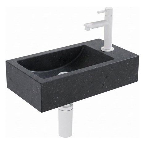 FugaFlow Eccelente Pietra ensemble de lavabo - 40x22 - 1 trou de robinet - droite - pierre naturelle - robinet de lavabo blanc mat - foncé (1/2)