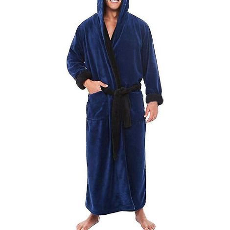 Manteau d'hiver chaud à capuche pour homme, peignoir long en éponge, taille 4XL, bleu foncé/noir (1/3)