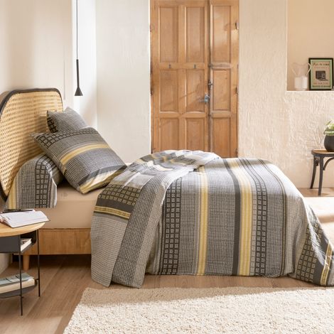 Parure de lit 100% flanelle de coton JULES gris/jaune 140x200 cm (1/5)