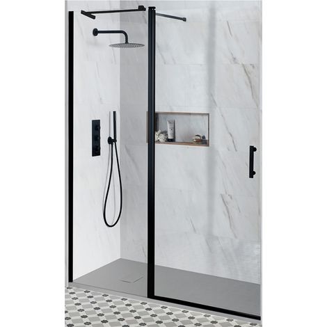 Milano Nero Black Reversible Recessed Hinged Door Shower Enclosure and Light Grey Slate Effect Tray with Fast Flow Waste - 1600mm x 800mm (1/5)