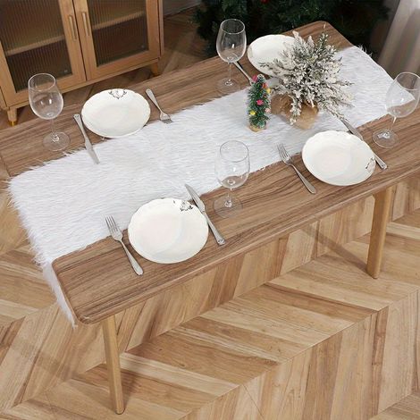 Chemise De Table - 180 X 36 Cm - Blanc - Pour Decoration De Table De Noel Mariage Fete Hivernale - 1 Piece (1/5)