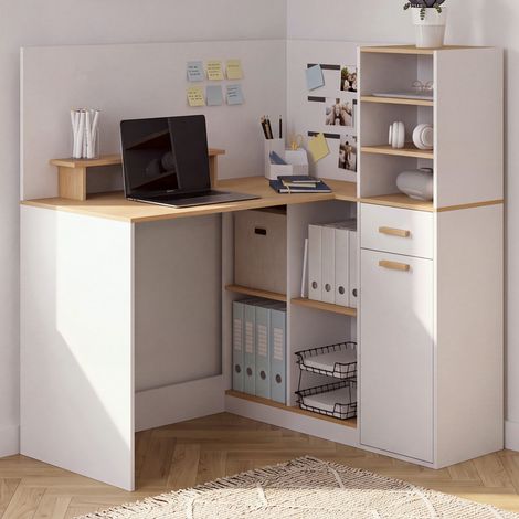 Escritorio esquinero CHARLES con 1 puerta, compartimentos y un cajón, con soporte para pantalla en blanco y madera con acabado d (1/5)