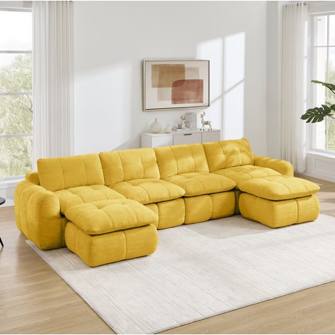 Divano modulare a U 4 posti, 334 x 160 x 68 cm, ciniglia gialla, senza montaggio HAVRYA (1/5)