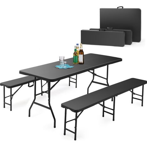 Sekey Bierzeltgarnitur Klappbar Kunststoff Tisch + 2 x Bierbank mit Tragegriffe Gartenmöbel Set 180cm Festzeltgarnitur für drinnen - draußen Biertisch Set Garten, Schwarz (1/5)