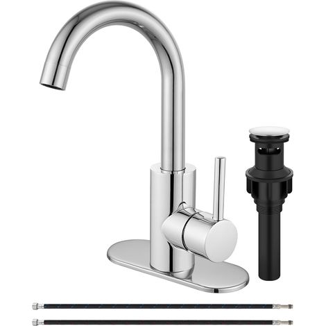 Robinet de lavabo de salle de bain en laiton poli avec trop-plein - Poignée unique - Robinet mélangeur en laiton - Avec bonde de vidage et plaque de protection (1/4)
