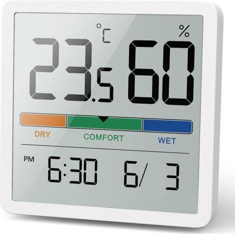 Hygromètre Thermomètre d'intérieur, thermomètre numérique de bureau avec moniteur de température et d'humidité, thermomètre d'ambiance à jauge d'humidité précise avec horloge(Blanc)- (1/5)