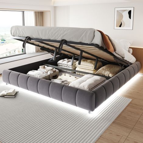 Letto imbottito 180 x 200 cm, senza testiera, con striscia LED (monocromatica), rete a doghe sospesa idraulicamente con vano contenitore, letto singolo, letto per bambini, grigio