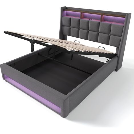 Cama capitoné 140x200 cm de lino gris con USB y LED, estructura metálica y somier de láminas (1/5)