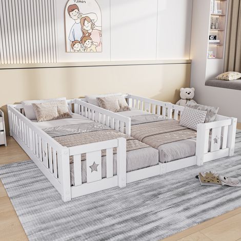 Lit Enfant Double 180x200 cm en Bois Massif, Lit Barreaux avec Motif Étoiles,Barrières de Sécurité Incluses,Pas de Sommier à Lattes,pour Chambre Enfant Adolescent,Blanc (1/5)