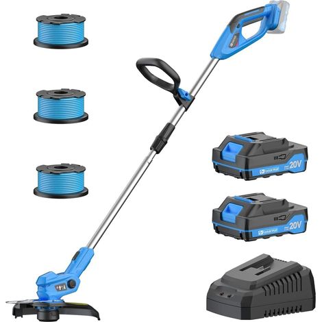 Coupe-Bordure sans Fil avec 2X 2.0Ah Batteries et Chargeur - Débroussailleuse Électrique Ultralégère 1,9kg, Largeur 30cm, 9000RPM, 3 Bobines - Idéal pour Finitions de Pelouse (Bleu Clair) (1/5)