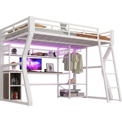 Lit mezzanine 140 x 200 cm avec bureau, étagères, portant, prise et bande LED réglable, structure métal et MDF blanche - CHICFURN (1/5)