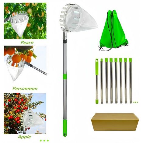 Cueilleur de fruits télescopique 3 M, cueilleur de fruits amovible, cueilleur de fruits télescopique, perche de cueillette de fruits télescopique, cueilleur de cerises, cueilleur de pommes, (1/4)