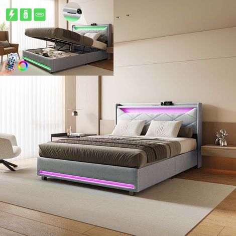 Bettgestell 140x200 cm grau aus Leinen mit LED und USB/Type-C-Anschlüssen, Lattenrost