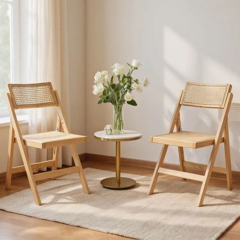 Wahson 2 PZ Sedie da Pranzo Sedia Pieghevole in Legno, Sedia da Cucina con Schienale in Rattan per Sala da Pranzo/Soggiorno, Legno Naturale (1/5)