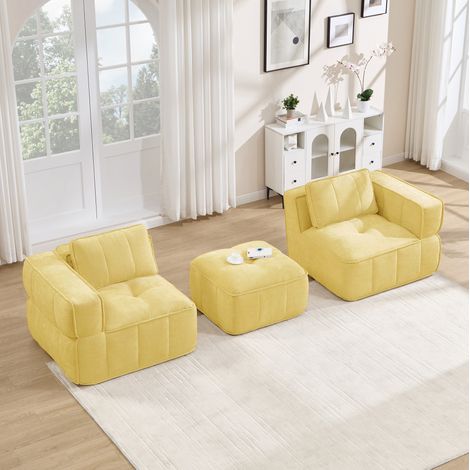 Divano angolare modulare 198x162x67 cm in poliestere giallo con pouf (1/5)