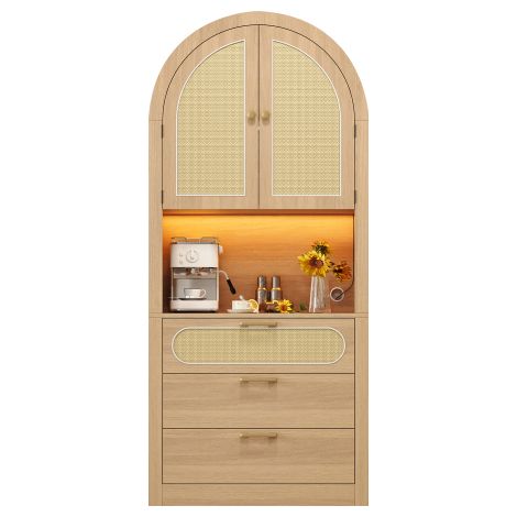 Buffet vitrine haut en bois à façade rotin avec éclairage LED pilotable par app 80×35×180cm, meuble d’exposition et de rangement multifonction pour salon et cuisine (1/5)