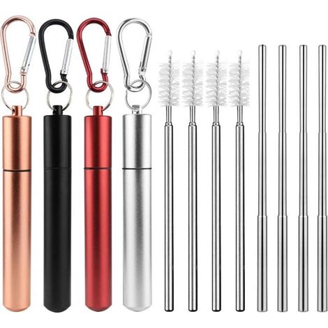 4 pailles réutilisables, acier inoxydable alimentaire, brosses de nettoyage incluses, pots de rangement + porte-clés, idéal pour voyage et bureau (1/5)