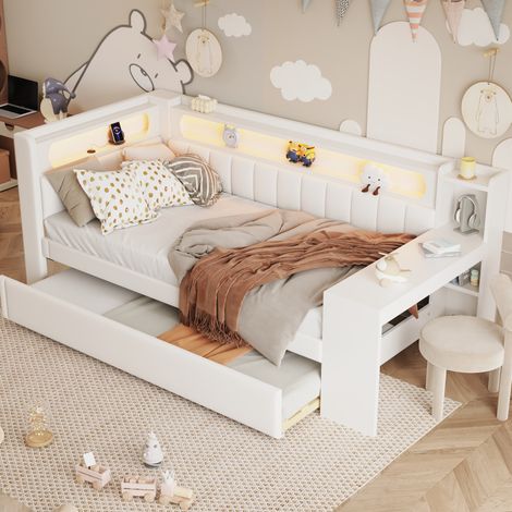 FLORAGRACE Cama nido tapizada 90x200 cm en MDF blanco con LED, USB, escritorio y cama supletoria para dormitorio juvenil (1/5)