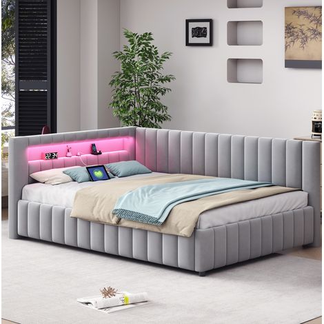letto matrimoniale 140x200 con LED USB velluto grigio OKMYHOME (1/5)
