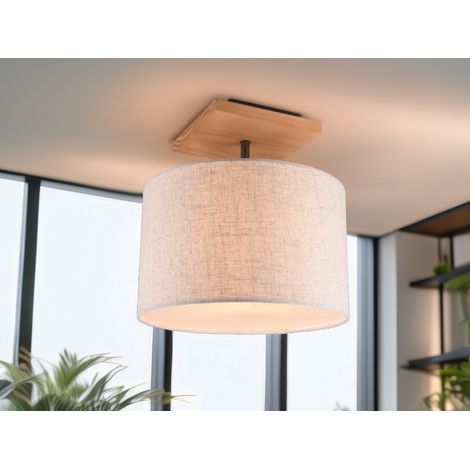 LED Deckenleuchte mit Stoffschirm in Beige und Naturholz Sockel, Ø 36cm (1/5)