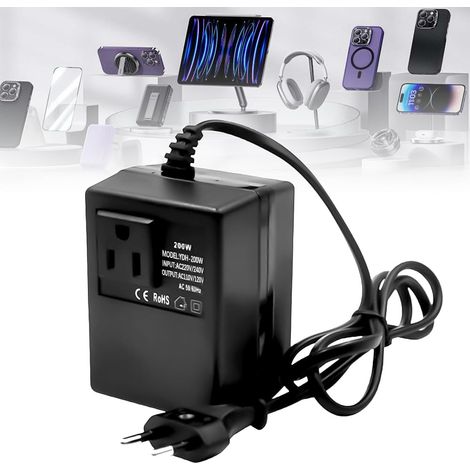 Transformateur de tension 220 V vers 110 V, 200 W, adaptateur d'alimentation étape vers le bas, adaptateur de courant de voyage avec prise européenne pour purificateurs d'air, mini caméras (1/5)