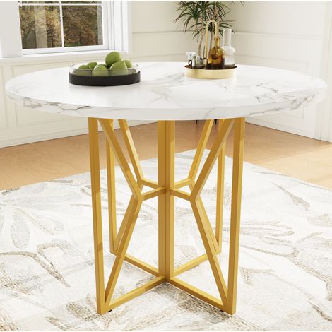 Table à manger ronde MDF effet marbre et métal doré, diamètre 80 x hauteur 76 cm, pieds réglables (1/5)