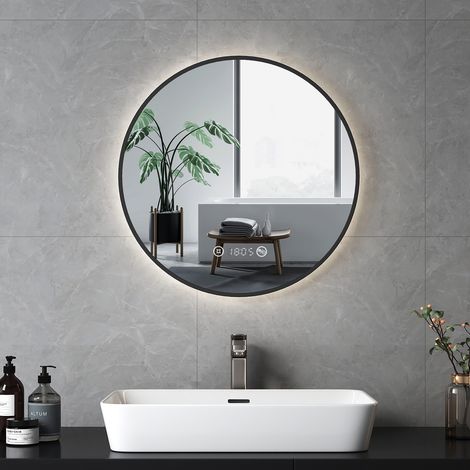 EMKE Miroir lumineux de salle de bain Cadre noir avec Interrupteur tactile, Anti-buée, Horloge, Température, Dimmable, Fonction Mémoire, Lumière Neutre, Diamètre 60cm