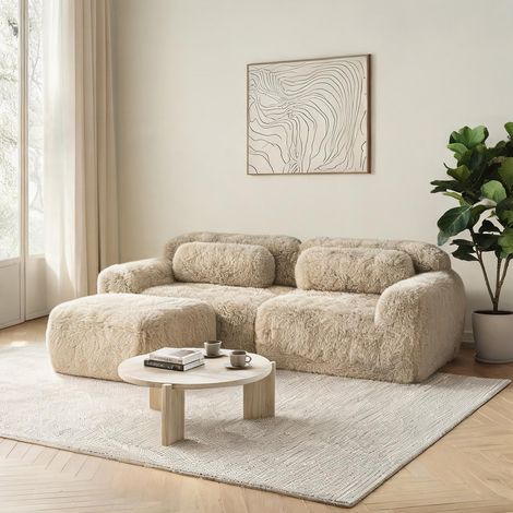 Canapé d'angle modulable 2 places en tissu peluche warm beige (1/5)