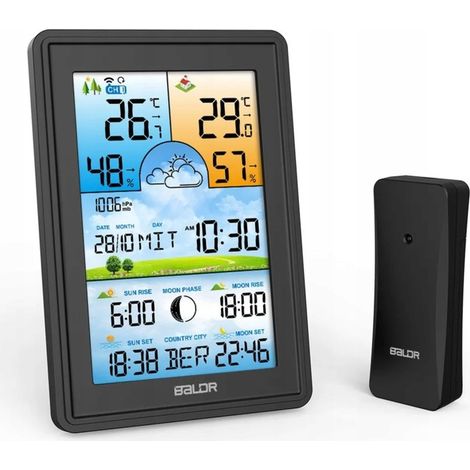 Station météo sans fil avec thermomètre, hygromètre, horloge, calendrier des phases de la lune, réveil et fonction snooze (noir) (1/5)