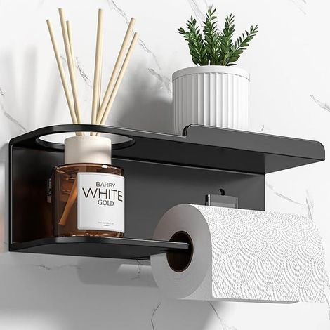 royaluxe - Support Porte Papier Toilette Mural sans PerçAge – DéRouleur/DéVidoir Papier Toilette Murale INOX avec éTagèRe – Porte Rouleau WC, Support (Noir)