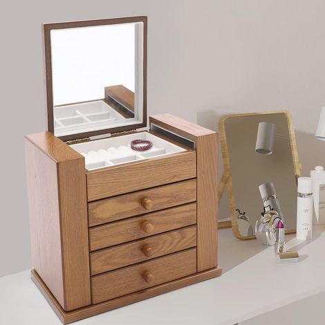 Holz Schmuckkästchen Schmuckaufbewahrung Schmuckkasten Schmuckschatulle Jewelry Box Holzschmuckkasten 5 Schichten Schmuckorganizer für Ohrringe, Ringe, Halsketten (Hellbraun) (1/5)
