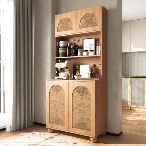 Credenza alta armadio autoportante con ante intrecciate - 80 x 40 x 180 cm - mobile vetrina a 3 scomparti in mdf e pino - naturale (1/5)