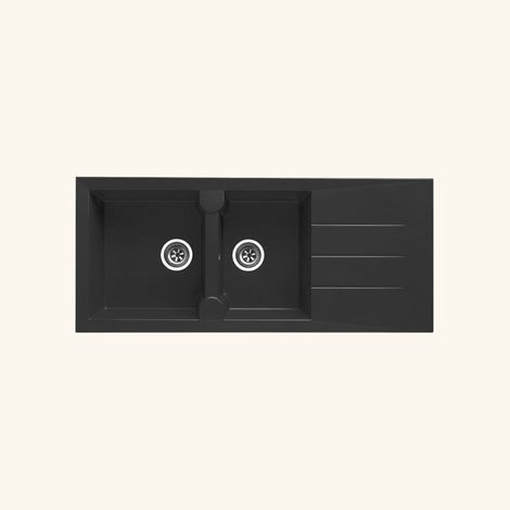 Kümbad – Évier résine noir moucheté 116x50 cm – 2 bacs réversibles – Évier encastrable avec vidage manuel – Bonde et siphon inclus (1/6)