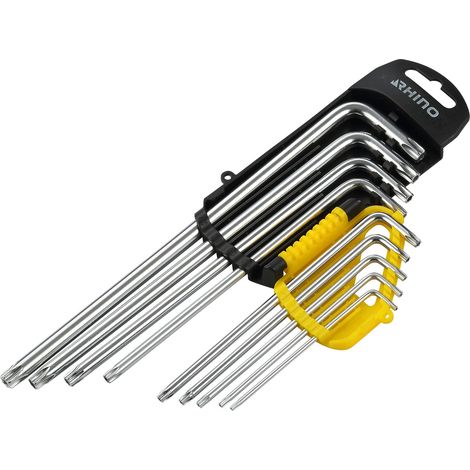 RHINO - LOT DE 9 CLÉS MÂLE LONGUES ÉTOILE ALÉSÉES, JEU DE 9 CLÉS TORX ALÉSÉES SUR SUPPORT - DIAMÈTRE T10 À T50 - FABRIQUÉ EN ACI (1/5)
