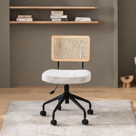 Chaise de bureau vintage en rotin et tissu beige 1 place ivory (1/5)