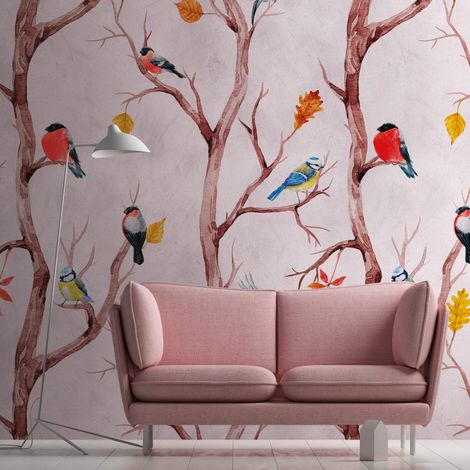Photo wallpaper Profhome 382301 hot embossed non-woven wallpaper smooth with birds pattern matt pink brown yellow blue 1.59 m x 2.8 m